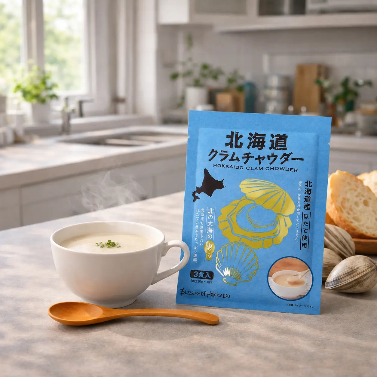 Rich and creamy Hokkaido clam chowder served in a warm cup.