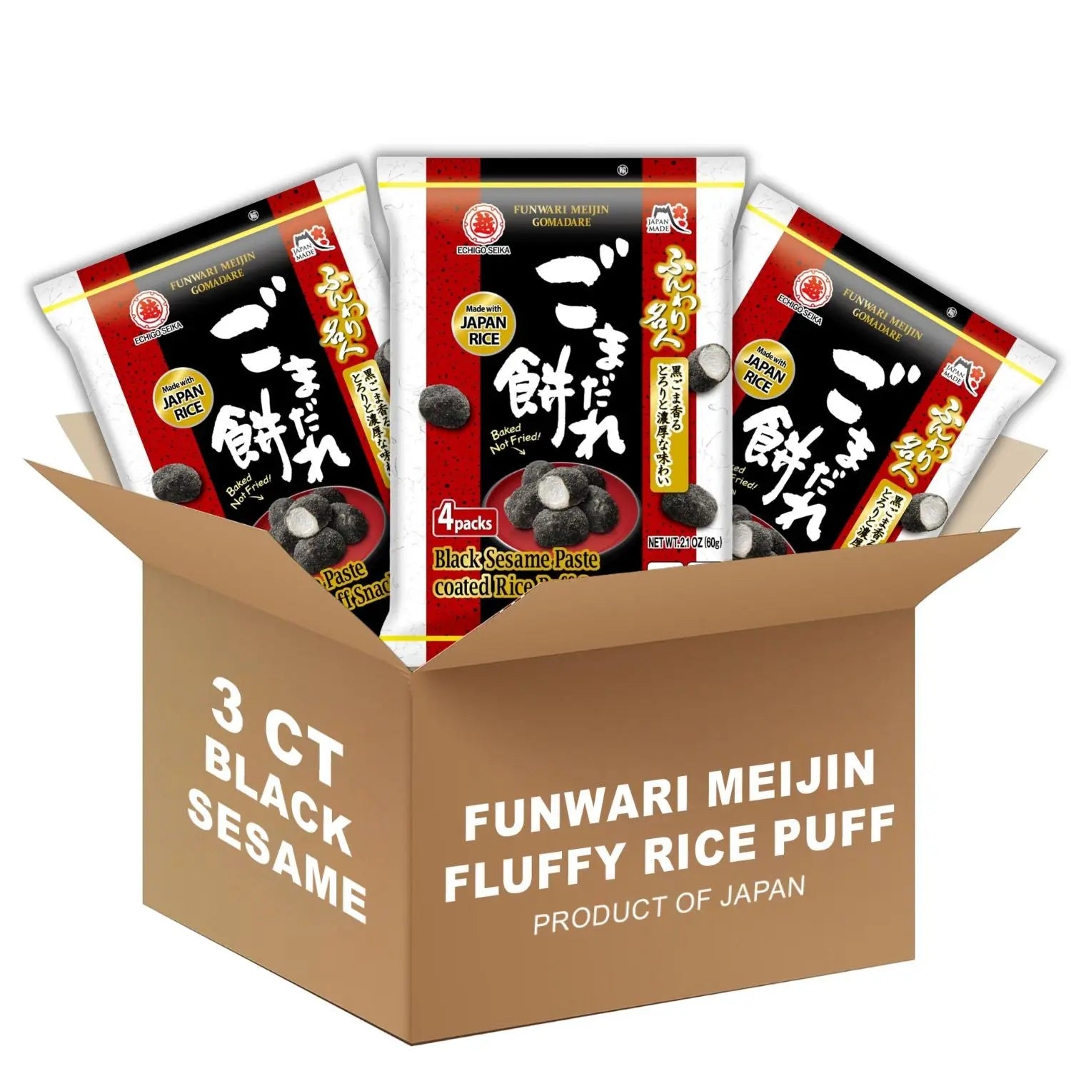 Funwari Meijin Black Sesame Mochi Rice Puffs – Kurogoma Snack, 3 Pack Echigo Seika