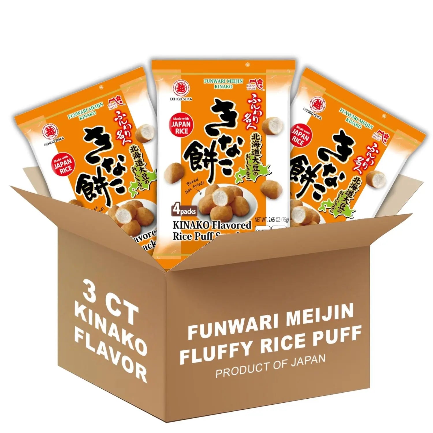 Funwari Meijin Kinako Mochi Rice Puffs – Roasted Soybean Snack, 3 Pack Echigo Seika