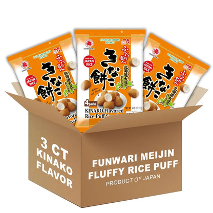 Funwari Meijin Kinako Mochi Rice Puffs – Roasted Soybean Snack, 3 Pack Echigo Seika