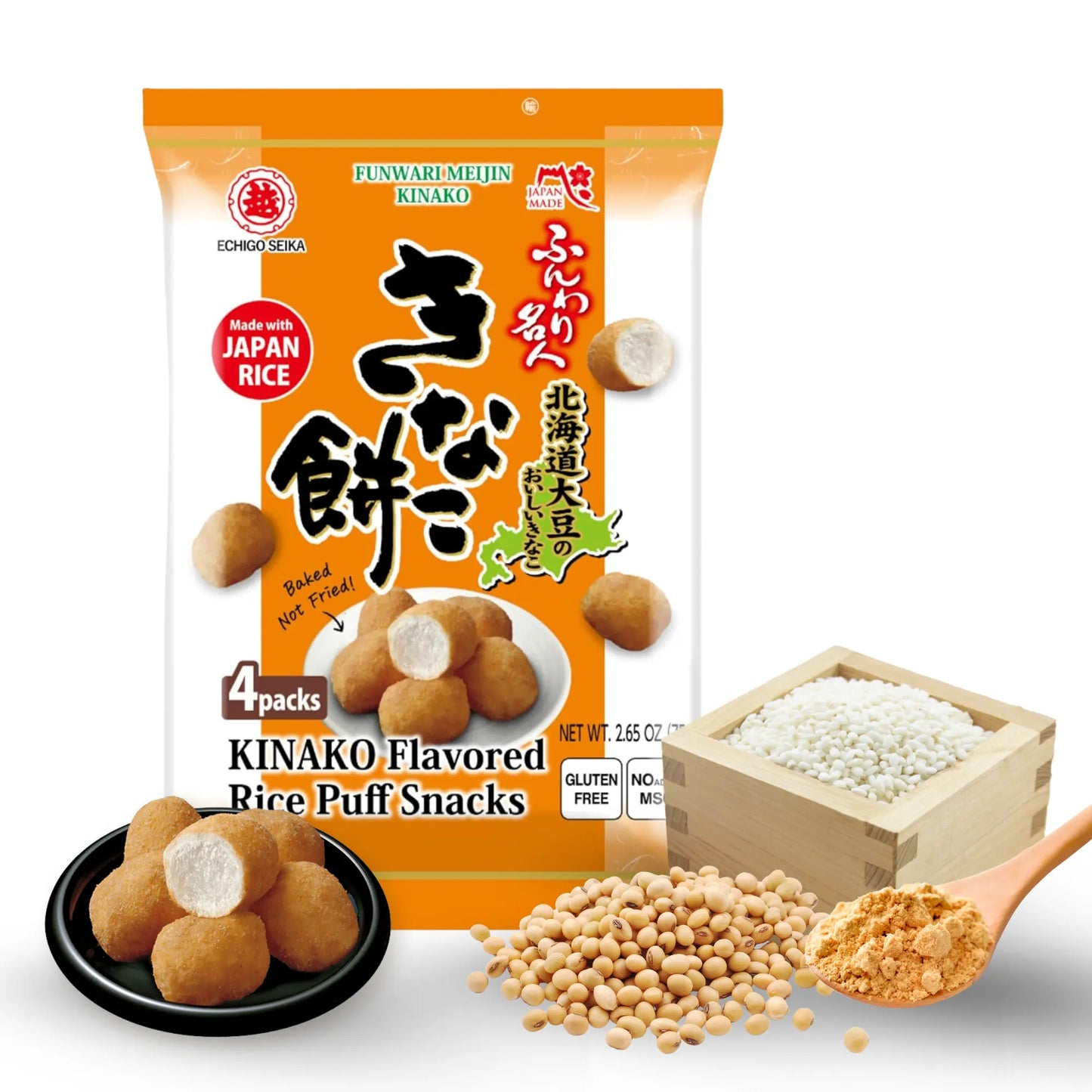 Funwari Meijin Kinako Mochi Rice Puffs – Roasted Soybean Snack, 3 Pack Echigo Seika