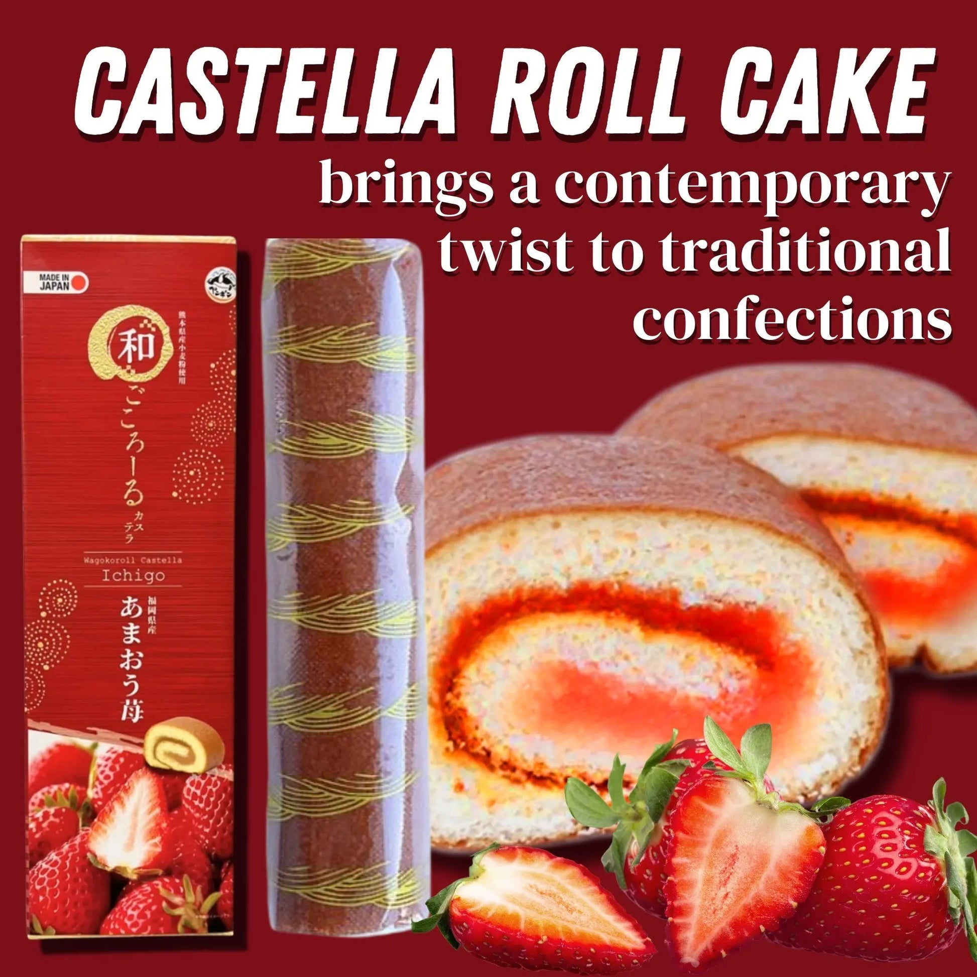 Wagokoroll Castella Roll Cake, Strawberry (Amaou Ichigo) Flavor 200g Penguin