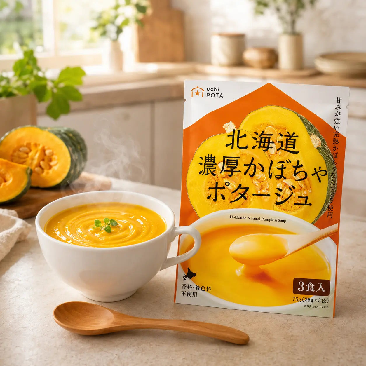 Hokkaido Creamy Rich Pumpkin Potage served in a cup as a warm, thick Japanese instant soup.