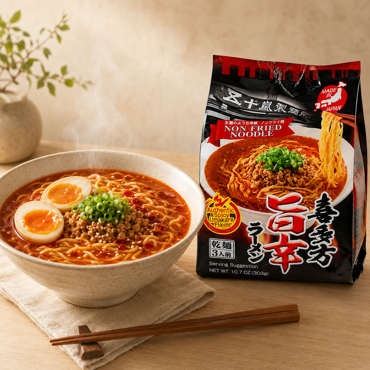 Igarashi Vegan Ramen Kitakata Spicy Umakara – Non-Fried, 3 Servings
